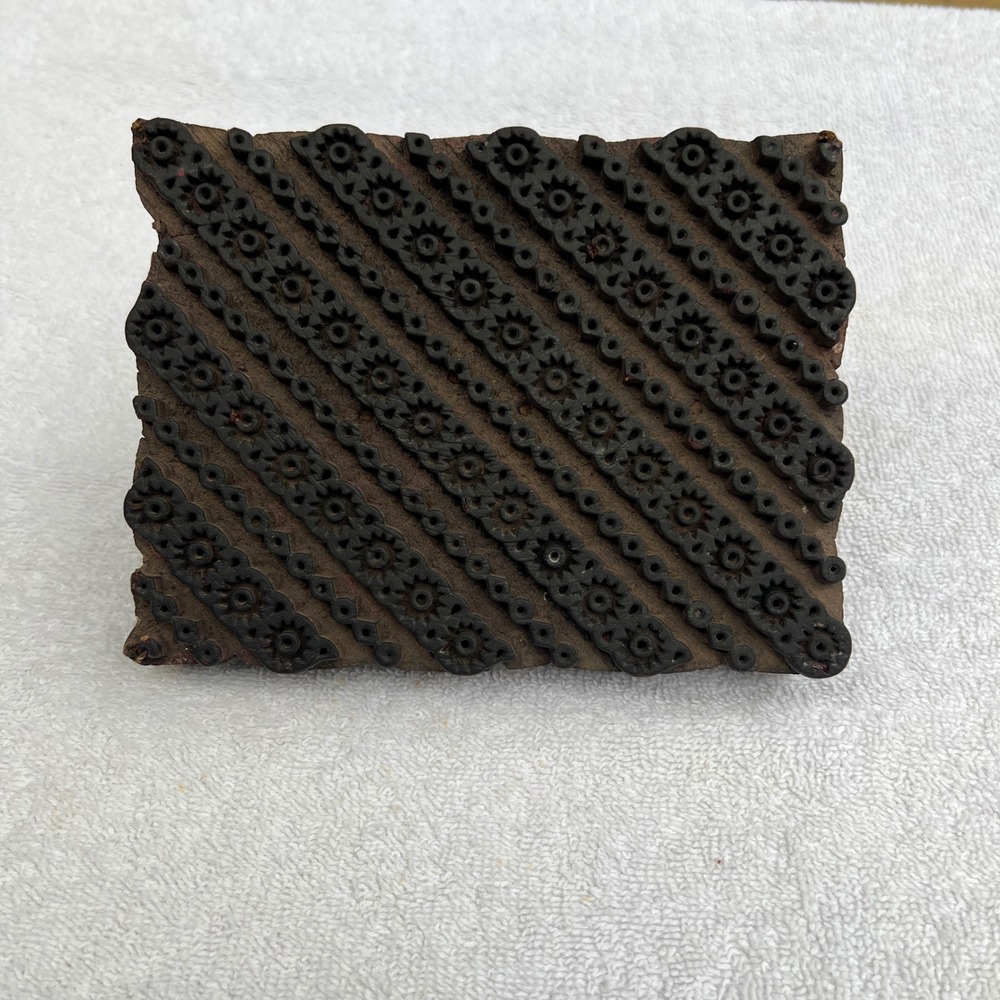 VTG Hand Carved Wooden Textile Block Stamp Floral Geometric Diagonal Pattern